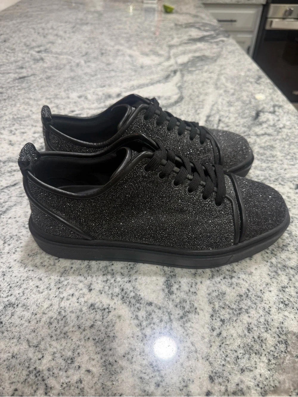 Christian Louboutin Men's Black Glitter Low-Top Sneakers with Sparkle